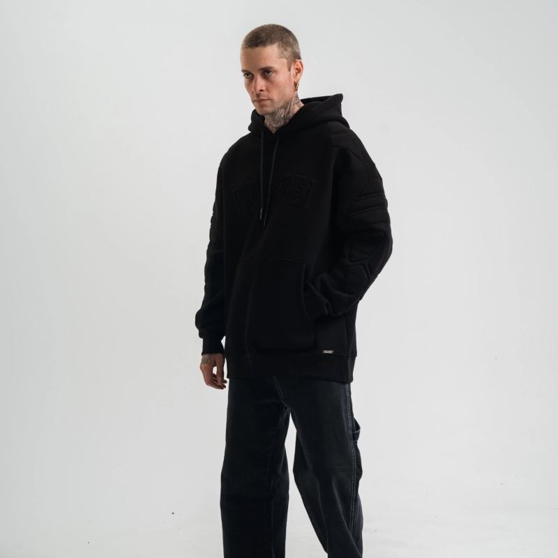 Erkek 3 İplik Pamuklu Oversize Kapüşonlu Nakışlı Hoodie SweatShirt - Siyah