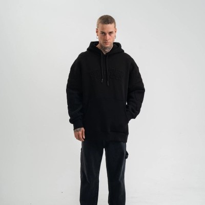 Erkek 3 İplik Pamuklu Oversize Kapüşonlu Nakışlı Hoodie SweatShirt - Siyah