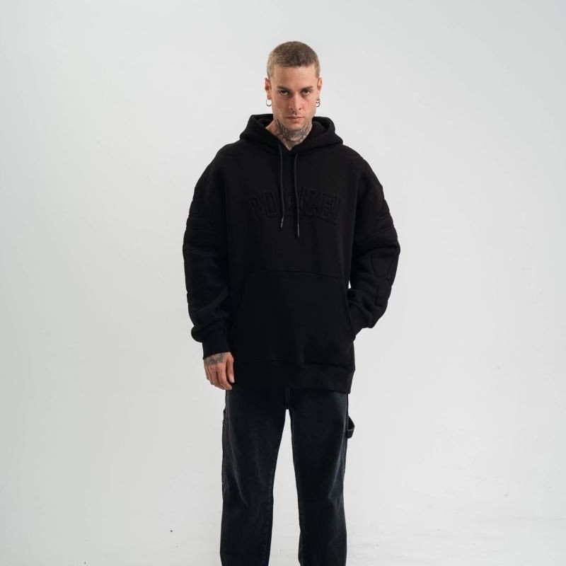 Erkek 3 İplik Pamuklu Oversize Kapüşonlu Nakışlı Hoodie SweatShirt - Siyah