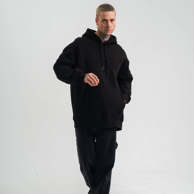Erkek 3 İplik Pamuklu Oversize Kapüşonlu Nakışlı Hoodie SweatShirt - Siyah