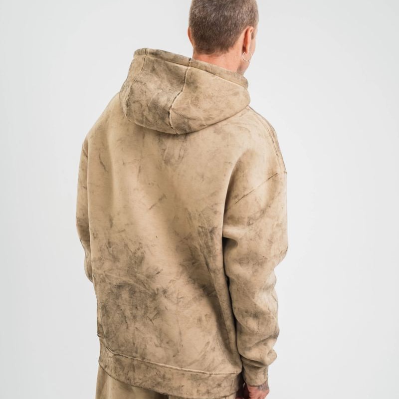 ERKEK 3 iplik Pamuklu Oversize Kapüşonlu Yıkamalı Hoodie SweatShirt - Bej