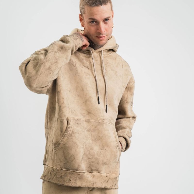 ERKEK 3 iplik Pamuklu Oversize Kapüşonlu Yıkamalı Hoodie SweatShirt - Bej