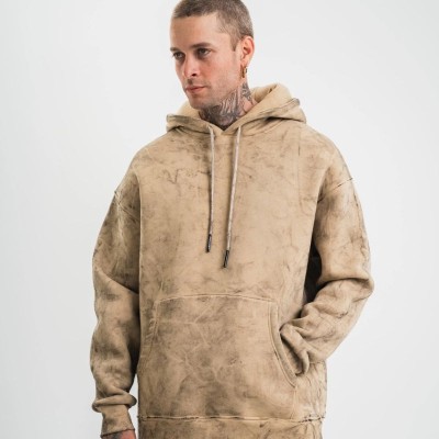 ERKEK 3 iplik Pamuklu Oversize Kapüşonlu Yıkamalı Hoodie SweatShirt - Bej
