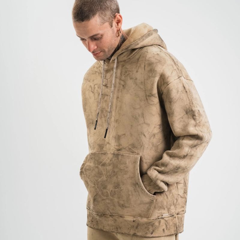 ERKEK 3 iplik Pamuklu Oversize Kapüşonlu Yıkamalı Hoodie SweatShirt - Bej