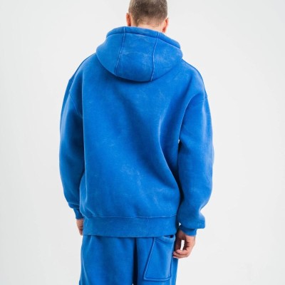 ERKEK 3 İplik Pamuklu Oversize Kapüşonlu Yıkamalı Hoodie SweatShirt - Mavi