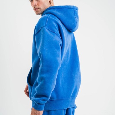 ERKEK 3 İplik Pamuklu Oversize Kapüşonlu Yıkamalı Hoodie SweatShirt - Mavi