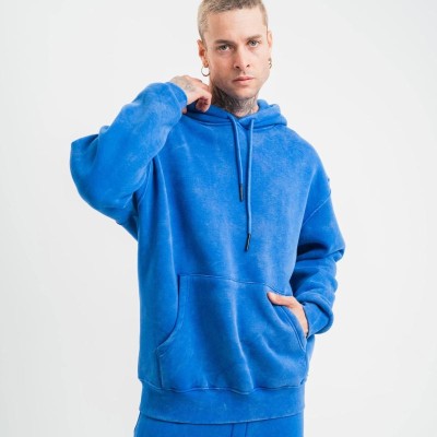 ERKEK 3 İplik Pamuklu Oversize Kapüşonlu Yıkamalı Hoodie SweatShirt - Mavi