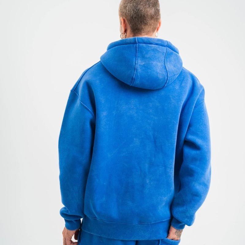 ERKEK 3 İplik Pamuklu Oversize Kapüşonlu Yıkamalı Hoodie SweatShirt - Mavi