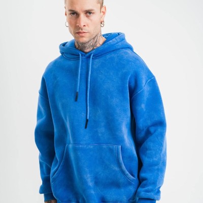 ERKEK 3 İplik Pamuklu Oversize Kapüşonlu Yıkamalı Hoodie SweatShirt - Mavi