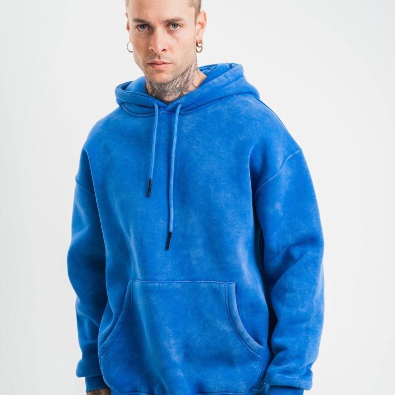 ERKEK 3 İplik Pamuklu Oversize Kapüşonlu Yıkamalı Hoodie SweatShirt - Mavi
