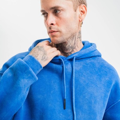 ERKEK 3 İplik Pamuklu Oversize Kapüşonlu Yıkamalı Hoodie SweatShirt - Mavi