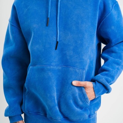 ERKEK 3 İplik Pamuklu Oversize Kapüşonlu Yıkamalı Hoodie SweatShirt - Mavi