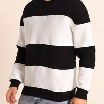Erkek 3 iplik pamuklu Parçalı Bisiklet Yaka SweatShirt - Siyah