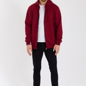 Erkek 3 İplik Pamuklu Tam Fermuarlı Kapüşonlu Kanguru Cepli Düz Hoodie Sweatshirt - Bordo