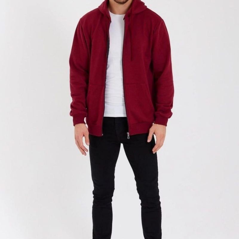 Erkek 3 İplik Pamuklu Tam Fermuarlı Kapüşonlu Kanguru Cepli Düz Hoodie Sweatshirt - Bordo