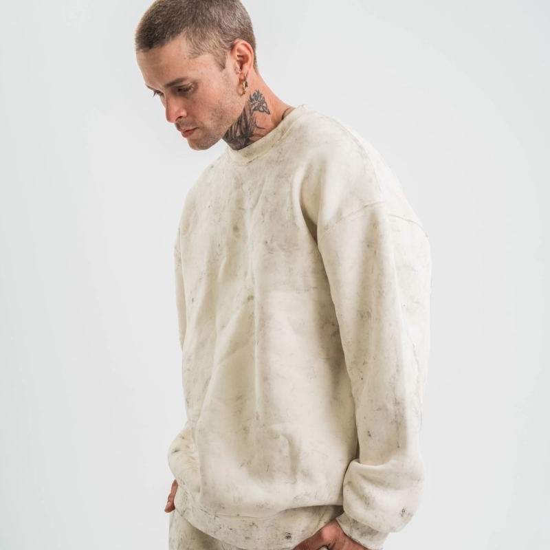 Erkek 3 İplik Pamuklu Yağ Yıkamalı Bisiklet Yaka Sweatshirt Oversize Hoodie - Krem