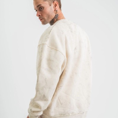 Erkek 3 İplik Pamuklu Yağ Yıkamalı Bisiklet Yaka Sweatshirt Oversize Hoodie - Krem