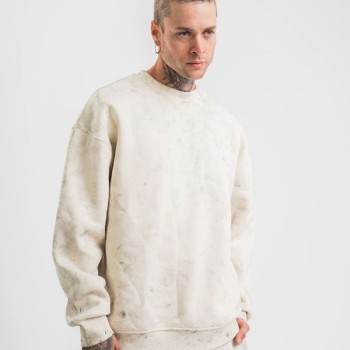 Erkek 3 İplik Pamuklu Yağ Yıkamalı Bisiklet Yaka Sweatshirt Oversize Hoodie - Krem