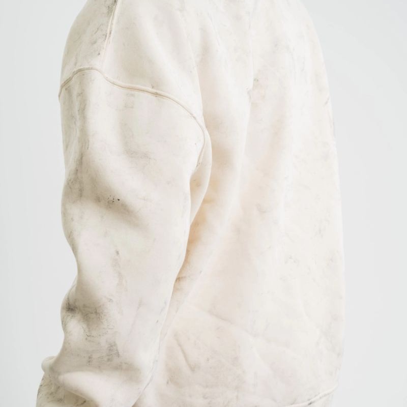 Erkek 3 İplik Pamuklu Yağ Yıkamalı Bisiklet Yaka Sweatshirt Oversize Hoodie - Krem