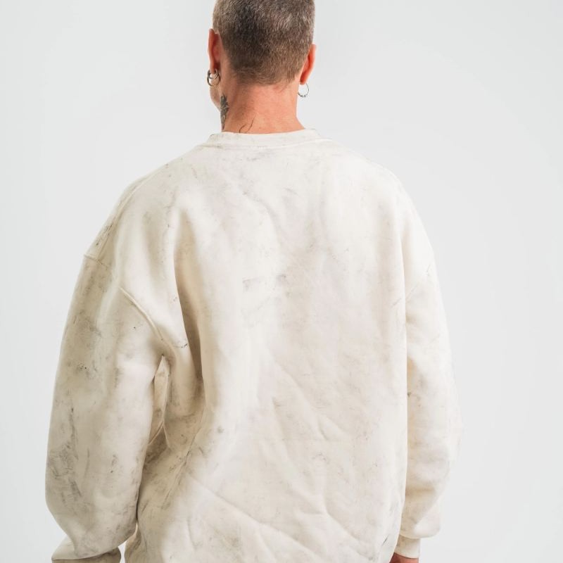 Erkek 3 İplik Pamuklu Yağ Yıkamalı Bisiklet Yaka Sweatshirt Oversize Hoodie - Krem
