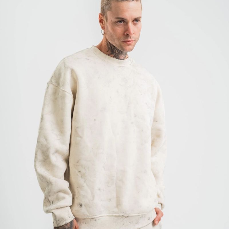 Erkek 3 İplik Pamuklu Yağ Yıkamalı Bisiklet Yaka Sweatshirt Oversize Hoodie - Krem