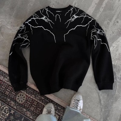 Erkek 3 iplik pamuklu Yıldırım Baskılı Bisiklet Yaka SweatShirt - Siyah