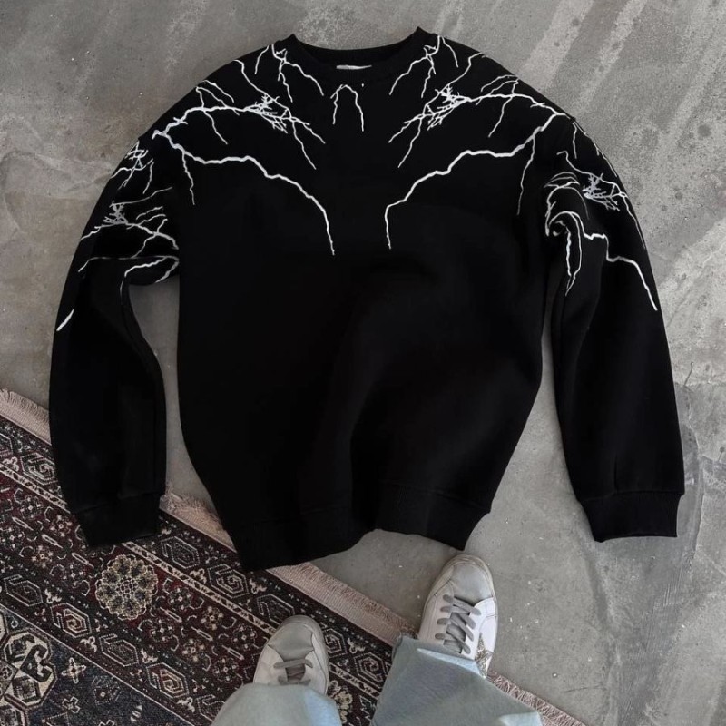 Erkek 3 iplik pamuklu Yıldırım Baskılı Bisiklet Yaka SweatShirt - Siyah
