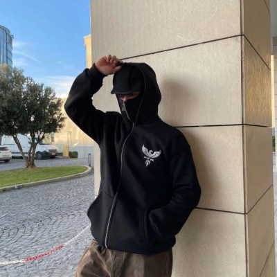 Erkek 3 iplik Samuray kapüşonlu ZIP Fermuarlı SweatShirt Hoodie - Siyah