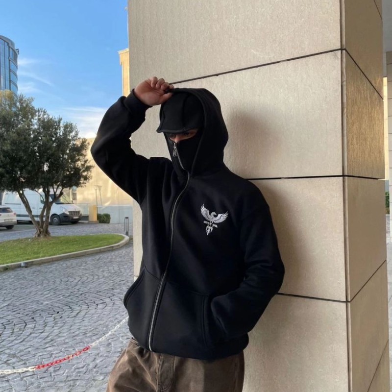 Erkek 3 iplik Samuray kapüşonlu ZIP Fermuarlı SweatShirt Hoodie - Siyah