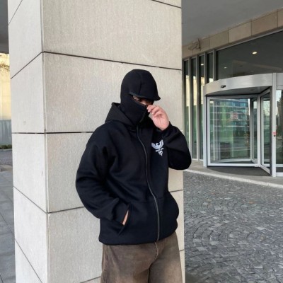 Erkek 3 iplik Samuray kapüşonlu ZIP Fermuarlı SweatShirt Hoodie - Siyah