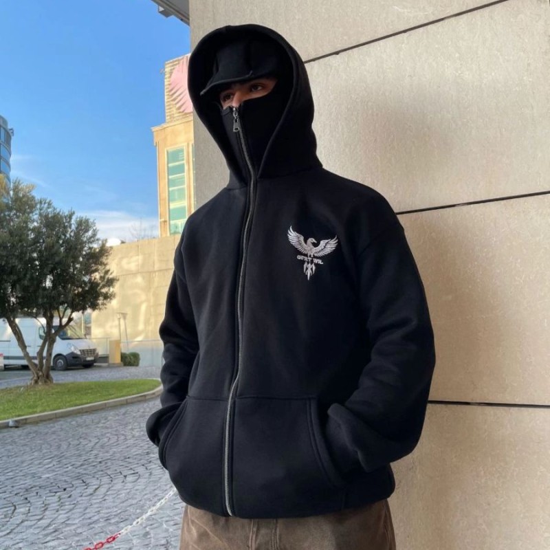 Erkek 3 iplik Samuray kapüşonlu ZIP Fermuarlı SweatShirt Hoodie - Siyah