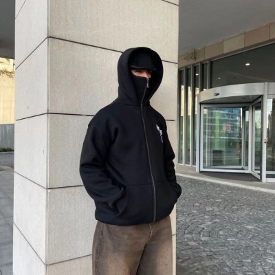 Erkek 3 iplik Samuray kapüşonlu ZIP Fermuarlı SweatShirt Hoodie - Siyah