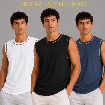 Erkek 3’lü Kolsuz Sporcu Atlet Seti Yazlık Bisiklet Yaka - Siyah, Beyaz, İndigo