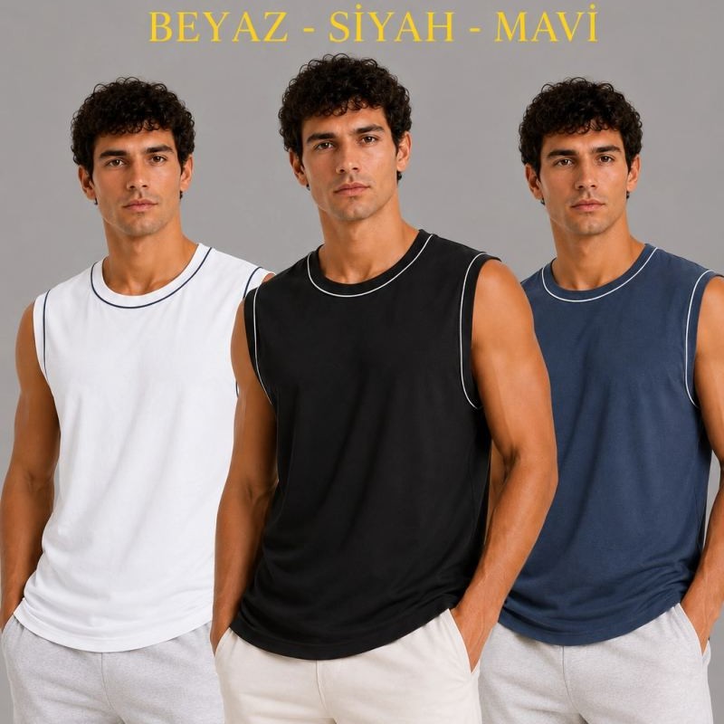 Erkek 3’lü Kolsuz Sporcu Atlet Seti Yazlık Bisiklet Yaka - Siyah, Beyaz, İndigo