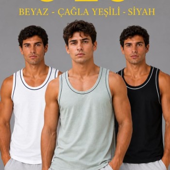 Erkek 3’lü Kolsuz Sporcu Atlet Seti Yazlık Bisiklet Yakalı - Mint Yeşili, Siyah, Beyaz