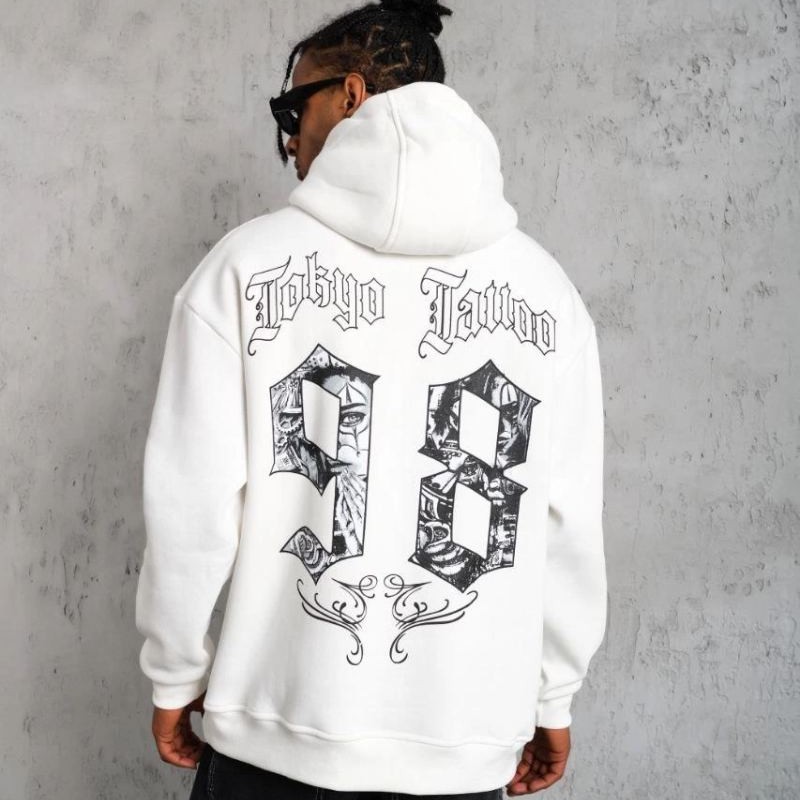 Erkek 98 Baskılı Kapşonlu 3 iplik pamuklu Sweatshirt hoodie - Beyaz