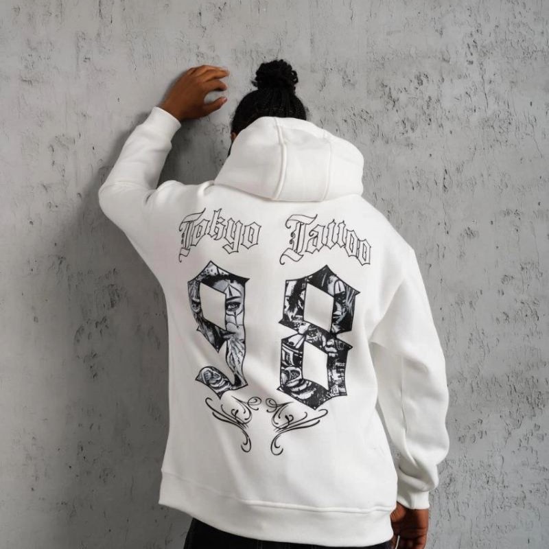 Erkek 98 Baskılı Kapşonlu 3 iplik pamuklu Sweatshirt hoodie - Beyaz