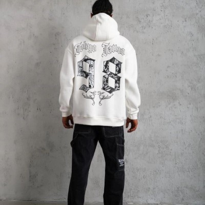 Erkek 98 Baskılı Kapşonlu 3 iplik pamuklu Sweatshirt hoodie - Beyaz