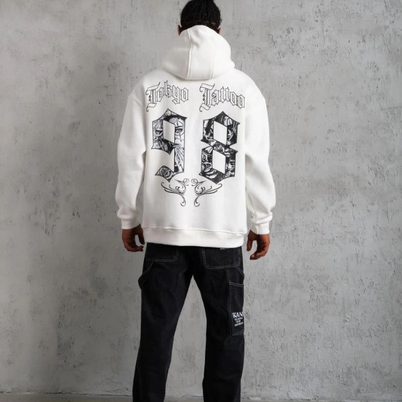 Erkek 98 Baskılı Kapşonlu 3 iplik pamuklu Sweatshirt hoodie - Beyaz