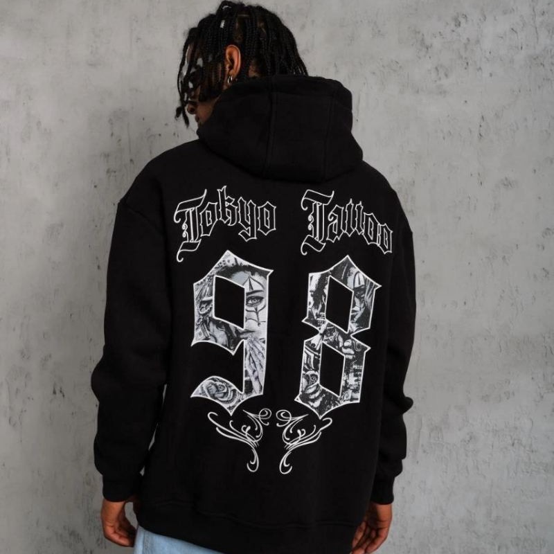 Erkek 98 Baskılı Kapüşonlu 3 iplik pamuklu hoodie Sweatshirt - Siyah