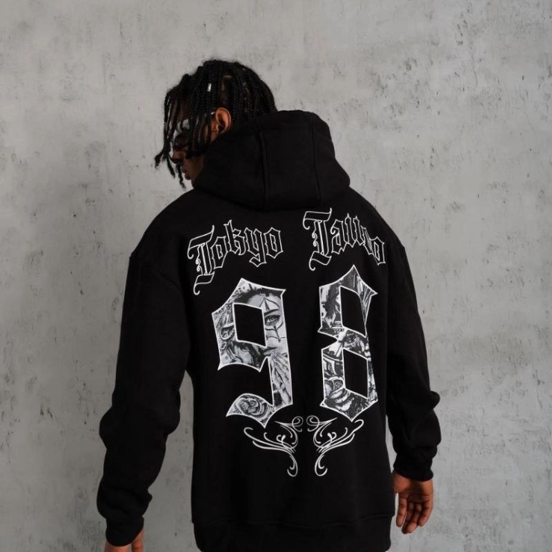 Erkek 98 Baskılı Kapüşonlu 3 iplik pamuklu hoodie Sweatshirt - Siyah
