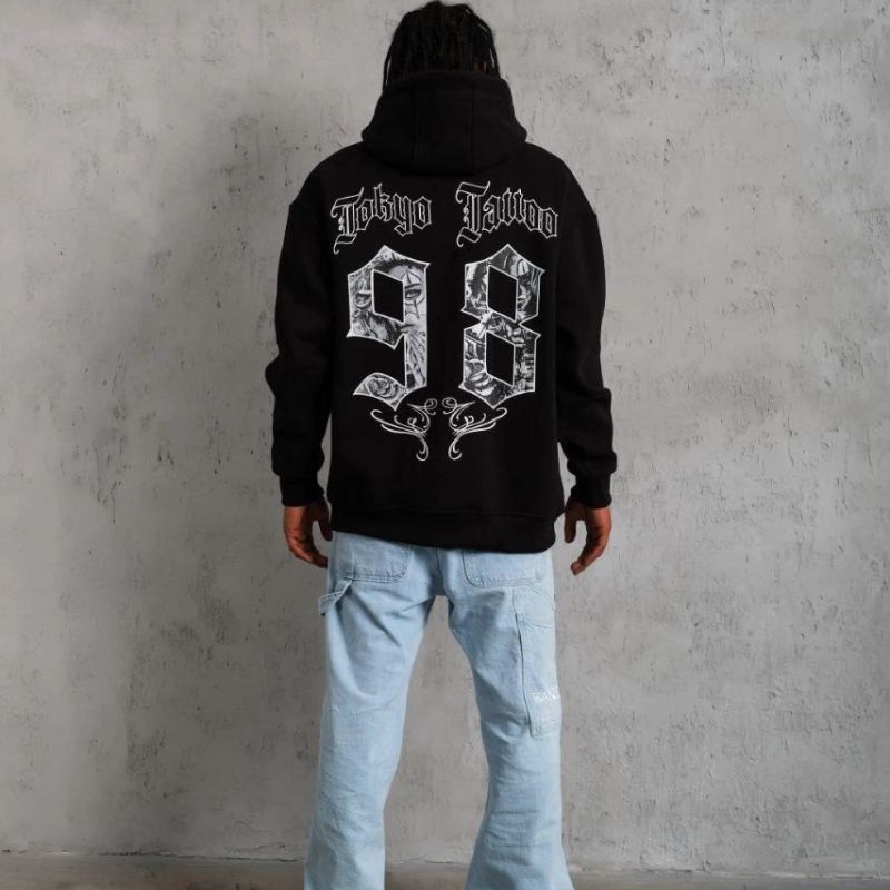 Erkek 98 Baskılı Kapüşonlu 3 iplik pamuklu hoodie Sweatshirt - Siyah