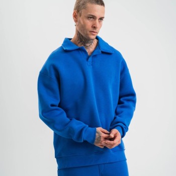 Erkek Açık Yakalı Oversize 3 İplik Pamuklu Sweatshirt - Mavii