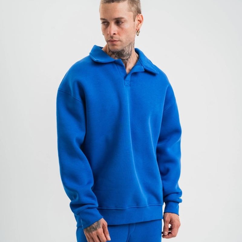 Erkek Açık Yakalı Oversize 3 İplik Pamuklu Sweatshirt - Mavii