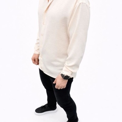 Erkek Aerobin Kumaş Oversize 4 Mevsim Uzun Kollu Rahat Kalıp Gömlek - Bej