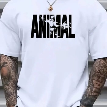 Erkek ANIMAL Baskılı Tişört Bisiklet YakaYazlık T-shirt - Beyaz