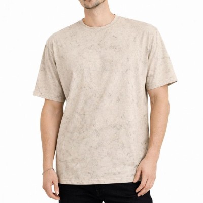 Erkek Asit Yıkama Bisiklet Yaka Kısa Kollu Oversize T-Shirt Tişört - Bej