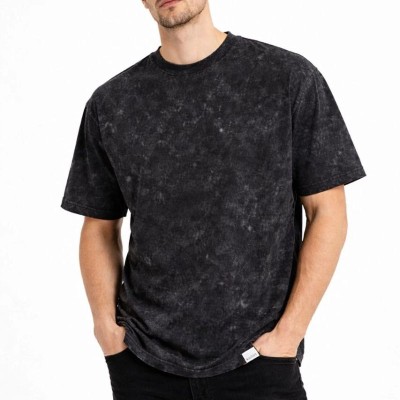 Erkek Asit Yıkama Bisiklet Yaka Kısa Kollu Oversize T-Shirt Tişört - Siyah
