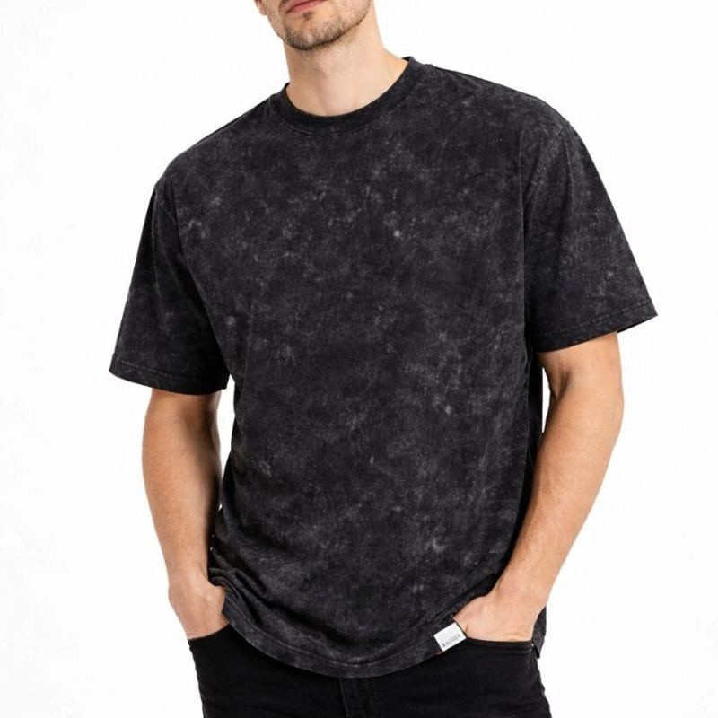 Erkek Asit Yıkama Bisiklet Yaka Kısa Kollu Oversize T-Shirt Tişört - Siyah