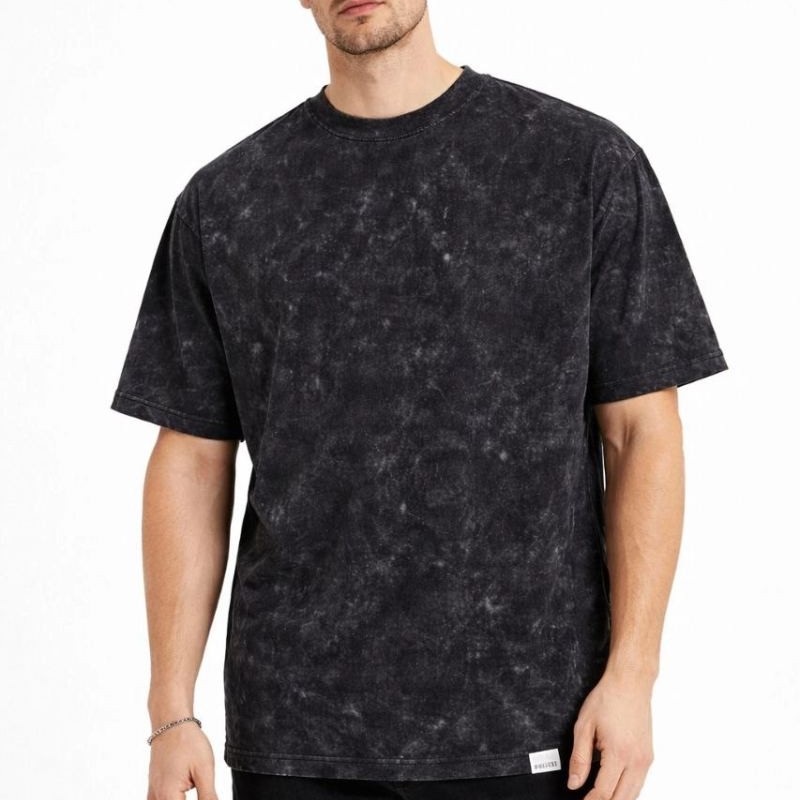 Erkek Asit Yıkama Bisiklet Yaka Kısa Kollu Oversize T-Shirt Tişört - Siyah